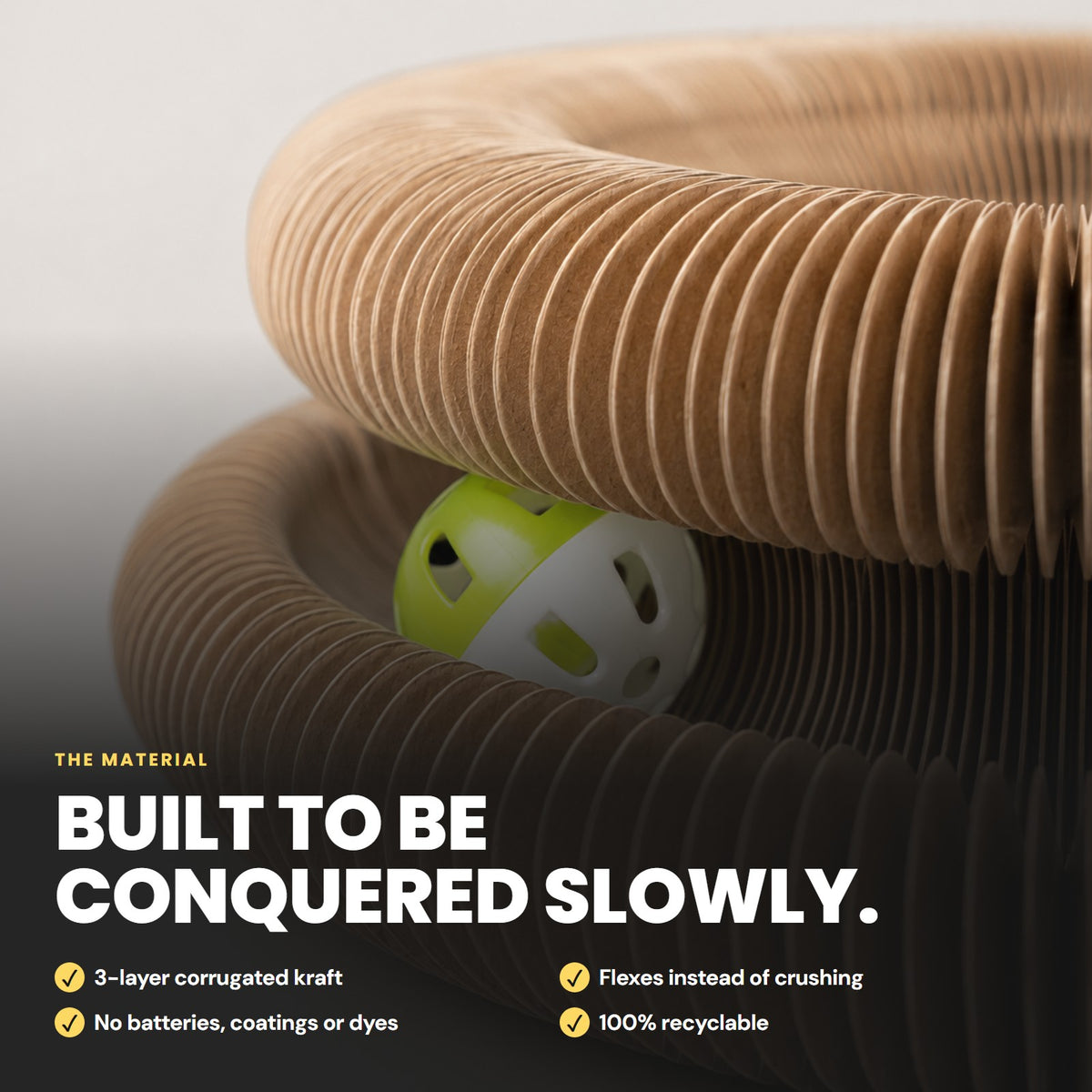 Built to be conquered slowly: 3-layer corrugated kraft, no batteries or coatings, recyclable
