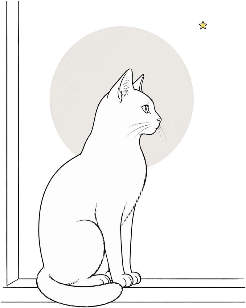 Line illustration of a cat sitting bolt upright on a windowsill at night, a full moon behind it