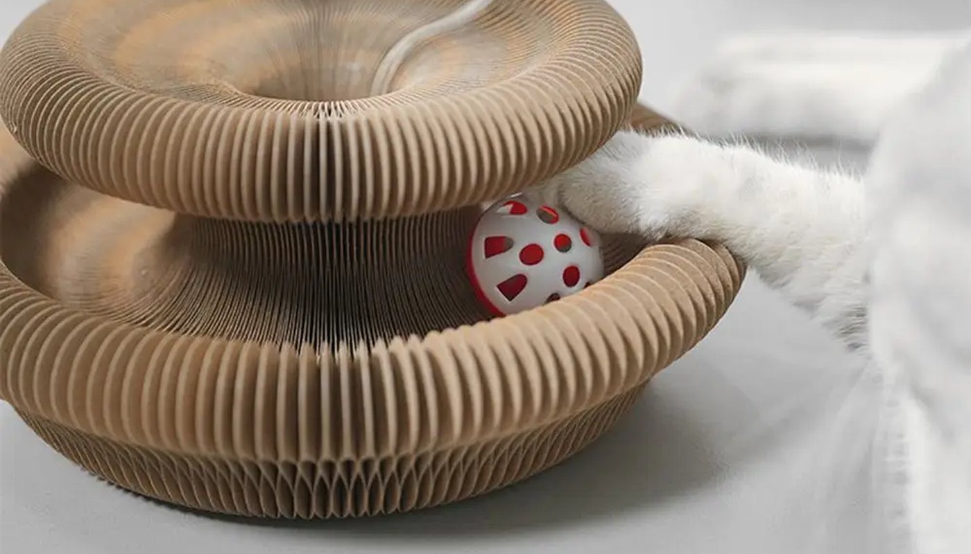 A cat mid-pounce on the Pounce Loop as it wobbles